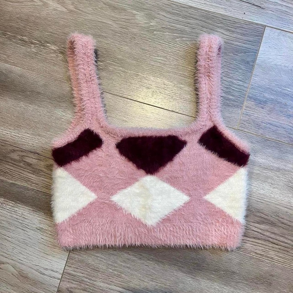 NWT Cotton On Match Back Fluffy Cami Argyle, Crop Top, Size M, Y2K, Preppy, Pink